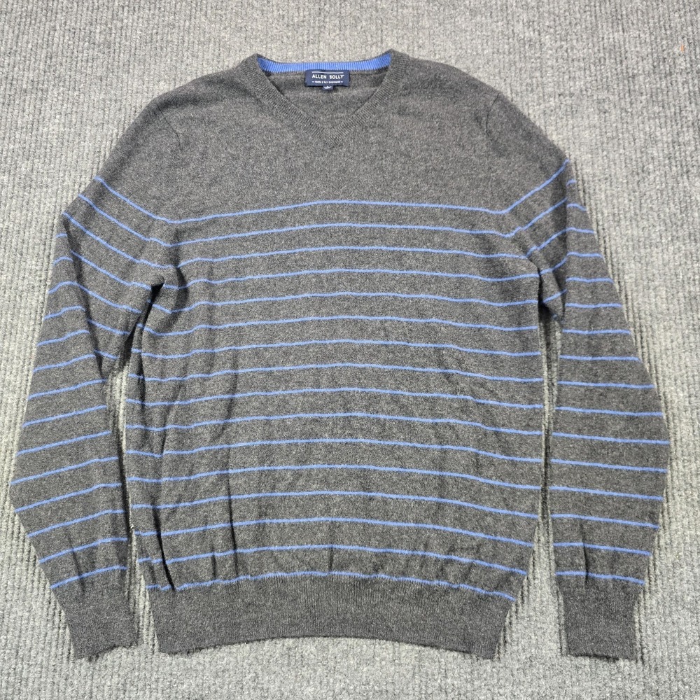 Allen Solly Sweater Mens Large Gray V-Neck Cashmere‎ Striped Pullover Tight-Knit